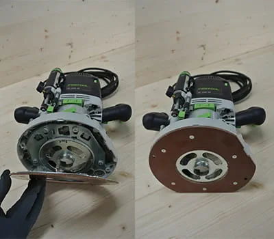 Nutfräser und Kopierring in die Oberfräse einbauen