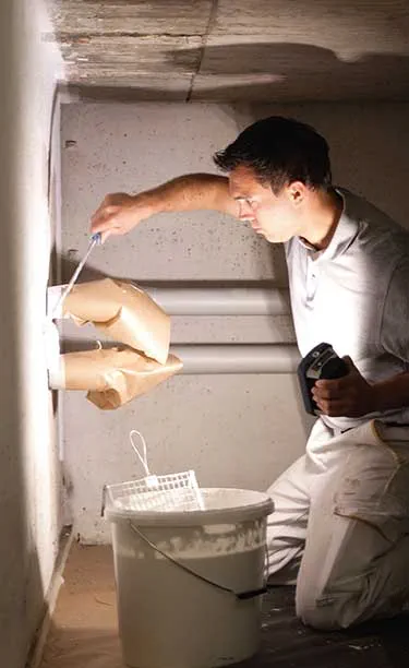 Ein Handwerker leuchtet mit der Festool Arbeitsleuchte ein einer Hand und einem Werkzeug in der anderen einen engen, dunklen Raum aus