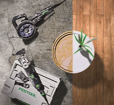 Vorher und nachher: Ein Bodenaufbau mit Festool Geräten.